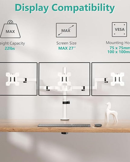 WALI Triple Monitor Mount, Three Monitor Desk Mount Fits 13-27in Screens, Holds up to 22lbs, Multiple Computer Stand with Tilt, Swivel, Rotation, VESA 75x75,100x100mm(M003S-W), White