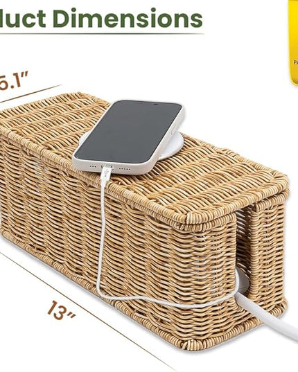 Cable Management Box, Handmade Rattan Cable Organizer, 2 Open Slots Cords Hider Box, Under Desk Cord Organizer for Computer Router USB Hub & Power Strip, Patent Pending, 13" x 5.1" x 5.1", Natural