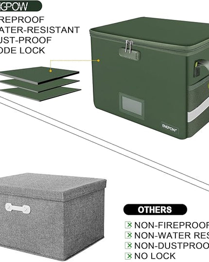 ENGPOW File Box with Lock, Fireproof Document Box with Zipper Lid, Collapsible File Storage Organizer Filing Cabinet with Handle, Portable Home Office Safe for Hanging Letter/Legal Folders, Green