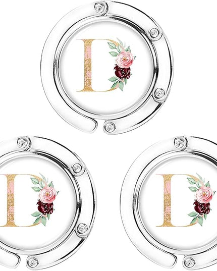 Personalized Initial Table Hook - 3 Folding Purse Hangers with Magnet, Flower Letter Handbag Holder for Women (Pink-D)