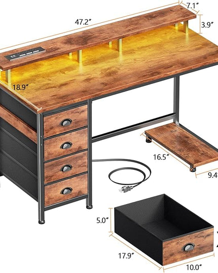 Furologee 47" Computer Desk with 4 Fabric Drawers & Monitor Stand, Gaming Desk with Power Outlets - LED Lights, Home Office Space-Saving Study Table for Bedroom Small Spaces (Rustic Brown)
