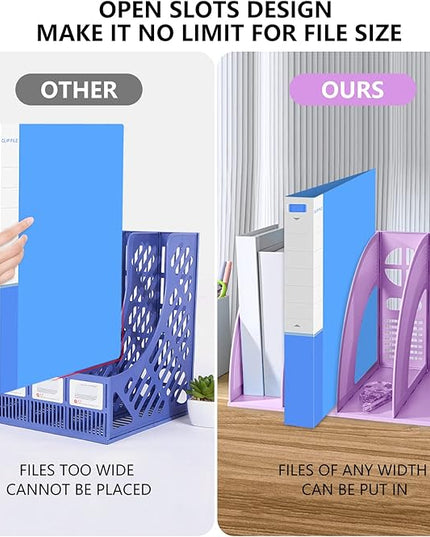 SAYEEC Sturdy Magazine Holder 4 Compartments Plastic Desktop File Organizer File Dividers Office Organizer Storage Document Magaizne Rack Display Box (Purple)