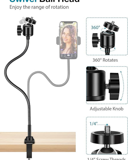 InnoGear Webcam Stand with Phone Mount, Desk Camera Arm Stands Gooseneck for Logitech Webcam BRIO 4K C960 C920 C920S C922 C922x C925e C930 C930e C615 NexiGo N60, Right Light, Gopro with 1/4" Thread