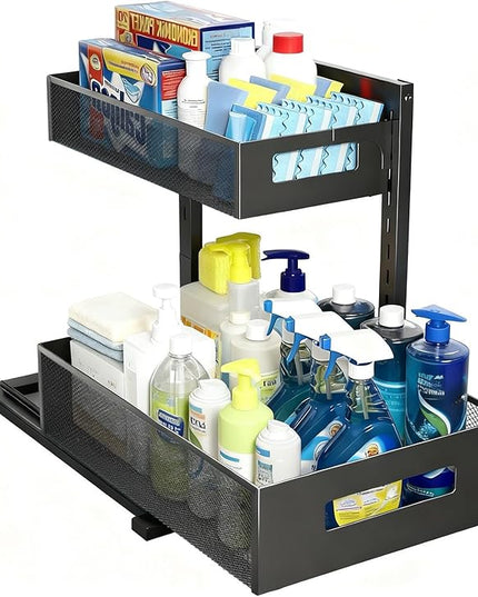 Under Sink Organizer, Adjustable Height 2 Tier Under Sink Organizers and Storage Multi-Purpose Under Sink Storage for Bathroom Kitchen