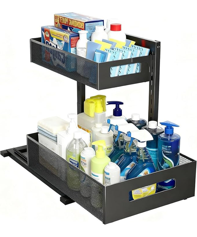 Under Sink Organizer, Adjustable Height 2 Tier Under Sink Organizers and Storage Multi-Purpose Under Sink Storage for Bathroom Kitchen