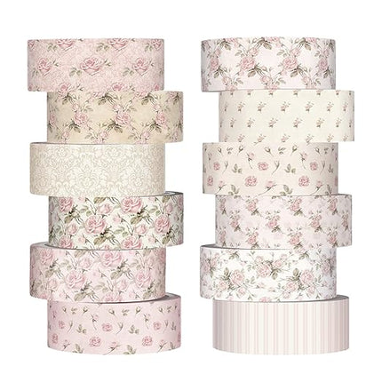 YooNotee 12 Rolls Watercolor Floral Washi Tape Set 15 mm Vintage Dusty Pink Decorative Masking Tape for Arts DIY Craft Scrapbook Envelope Party Supplies Gift Wrapping