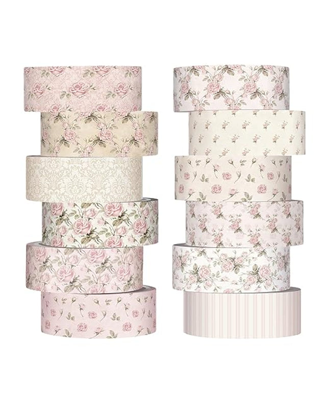 YooNotee 12 Rolls Watercolor Floral Washi Tape Set 15 mm Vintage Dusty Pink Decorative Masking Tape for Arts DIY Craft Scrapbook Envelope Party Supplies Gift Wrapping