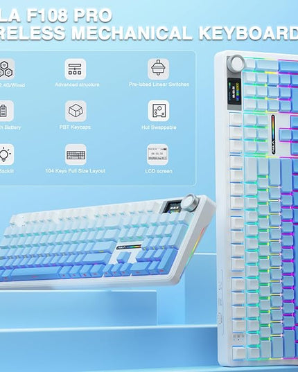 AULA F108 PRO - Wireless Mechanical Keyboard with Screen&Knob,Hot Swappable Gaming Keyboard with 8000mAh Battery,Pre-lubed Switches,RGB Backlit,PBT Keycaps Creamy Sounding Computer Keyboards,104 Keys