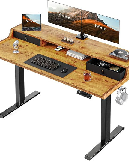 ErGear Electric Standing Desk with Drawers, 48″ x 24″ Gaming Table Compatible Monitor Stand, Stand up Desks, Home Office Height-Adjustable Desk with Storage Shelf, 4 Preset Heights, Vintage Brown