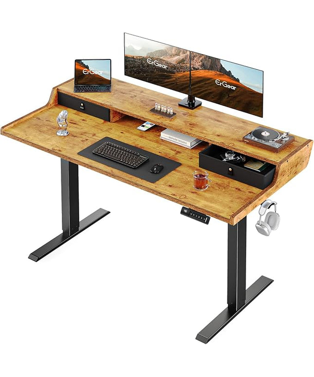 ErGear Electric Standing Desk with Drawers, 55″ x 28″ Gaming Table Compatible Monitor Stand, Stand up Desks, Home Office Height-Adjustable Desk with Storage Shelf, 4 Preset Heights, Vintage Brown