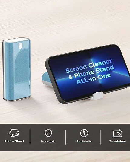 CLICK CLEAN Touchscreen Mist Cleaner, Screen Cleaner, All in One Screen Cleaner Spray with Microfiber and Phone Stand for All Phones, Laptop and Tablet Screens (Light Blue)