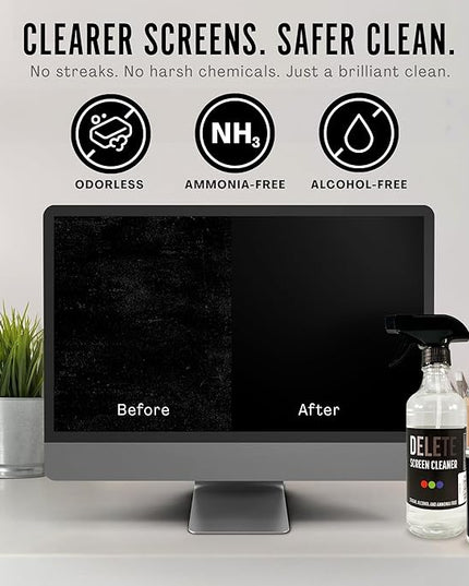 Delete Screen Cleaner Spray Kit, 2 Pack, 16oz and 2oz Bottle and 12"x12" Microfiber Cleaning Cloth, Streak-Free, Safe and Gentle Formula, Multi-Purpose for TVs, Computers, Monitors, Smart Phones