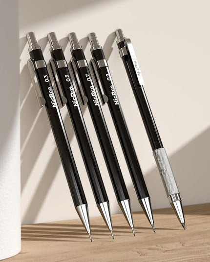 Nicpro 29PCS Black Metal Mechanical Pencil Set in Leather Case, 0.3, 0.5, 0.7, 0.9 & 2mm Lead Pencil Holder, (6B 4B 2B HB 2H 4H) Lead Refills (Black & Colors), Eraser For Art Drafting Sketching
