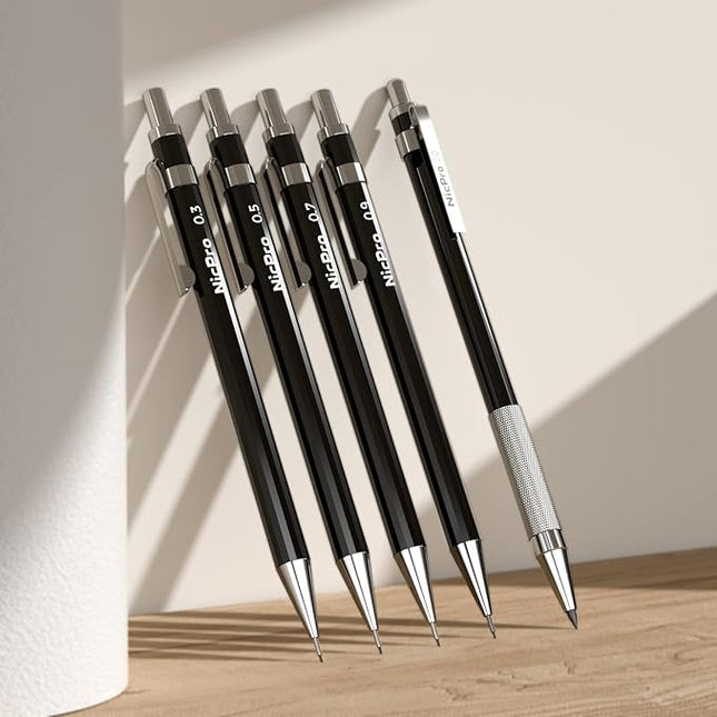 Nicpro 29PCS Black Metal Mechanical Pencil Set in Leather Case, 0.3, 0.5, 0.7, 0.9 & 2mm Lead Pencil Holder, (6B 4B 2B HB 2H 4H) Lead Refills (Black & Colors), Eraser For Art Drafting Sketching