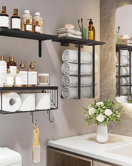 Fixwal Bathroom Floating Shelves Over Toilet Wall Shelves Set with Towel Storage Rack for Bathroom Organization & Wall Decor(Black)