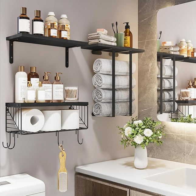 Fixwal Bathroom Floating Shelves Over Toilet Wall Shelves Set with Towel Storage Rack for Bathroom Organization & Wall Decor(Black)