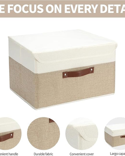 8 Pack Decorative Storage Bins Containers Fabric Bins with Lids Storage Baskets Bulk for Shelves Drawers, Desktop, Closet, Playroom, Classroom, Office, Bedroom, (15INx10INx10IN, Beige/White)