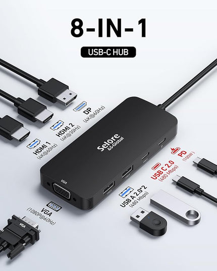 USB C Docking Station Dual HDMI Monitor Adapter, Selore USB C Hub 3 Monitors with Dual HDMI, Displayport, VGA, 100W PD Charging, 3USB 2.0 Ports Adapter for Dell XPS,HP, Lenovo,etc(Black)