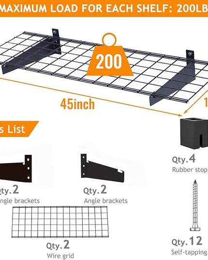 Wallmaster 2-Pack 15x45 Heavy Duty Garage Wall Shelving 45-inch-by-15-inch Wall Mount Garage Storage Rack Floating Shelves Max Load 400lb Black