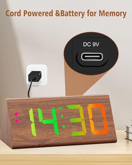 Wooden Digital Alarm Clock with Dual USB Charging Ports, DST, Dimmable, Snooze, RGB Colors, Modern Large Time Display LED Clock for Kids Bedrooms, Living Room, Desk, Table, Bedside, Nightstand (Brown)