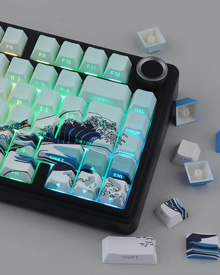 Tsungup PBT Keycaps 75 Percent,Side Print 131 Keys Custom Dye Sub Cool Shine Through Keycap Set,Wave of Kanagawa Dark Blue Keycaps Cherry Profile Keyboard Key Caps for Mechanical Keyboards