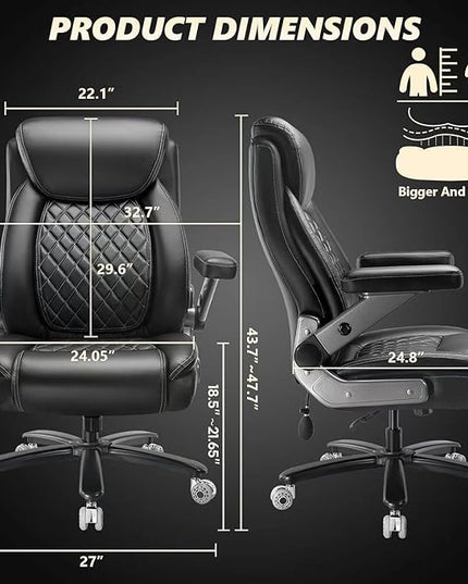 600LBS Large Heavy Duty Office Chair with 5D Flip Arms,Comfy Big and Tall Executive Office Desk Chair with Pocket Spring Cushion,High Back Computer Chair with Lumbar Support,Dual Rubber Wheel