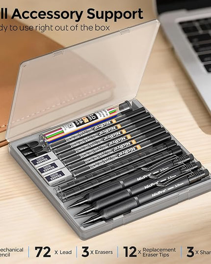 Nicpro 2.0 mm Mechanical Pencil Set, 3PCS Artist Lead Pencil Holder 2mm with 72PCS Lead Refills (4H 2H HB 2B 4B 6B Color) Eraser, Weatherproof Barrel for Outdoor Writing Drafting Drawing Sketching