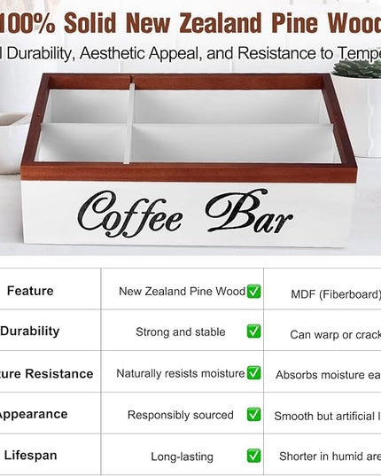 Wooden Coffee Organizer Holder with Divided Sections & Cutout Handle, Farmhouse Coffee Bar Organizer for Pods, Cups, Lids, Syrups, Stirrers & Accessories – Ideal Gift for Home or Office-White