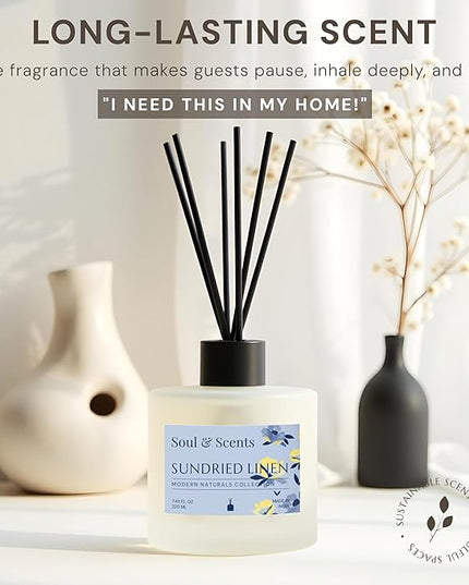 Soul & Scents Reed Diffuser Set – Sundried Linen | 7.43 oz Refillable Scented Oil with 6 Fiber Sticks | Long-Lasting Home Fragrance & Air Freshener for Bedroom, Bathroom, Office | Gift & Décor Piece