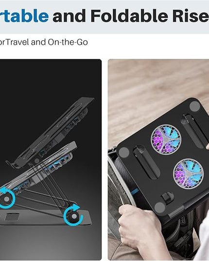 Adjustable Laptop Cooling Stand with 2 Quiet Fans & RGB Lighting, Aluminum Alloy & Foldable Ergonomic Design for MacBook, Lenovo, ASUS, Dell 10-16 Inch, Perfect for Gaming, DJ, Office - Black