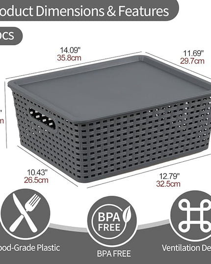 Xyskin 6 Pack Weave Storage Baskets with Lids, Plastic Stackable Storage Basket for Multipurpose, Gray