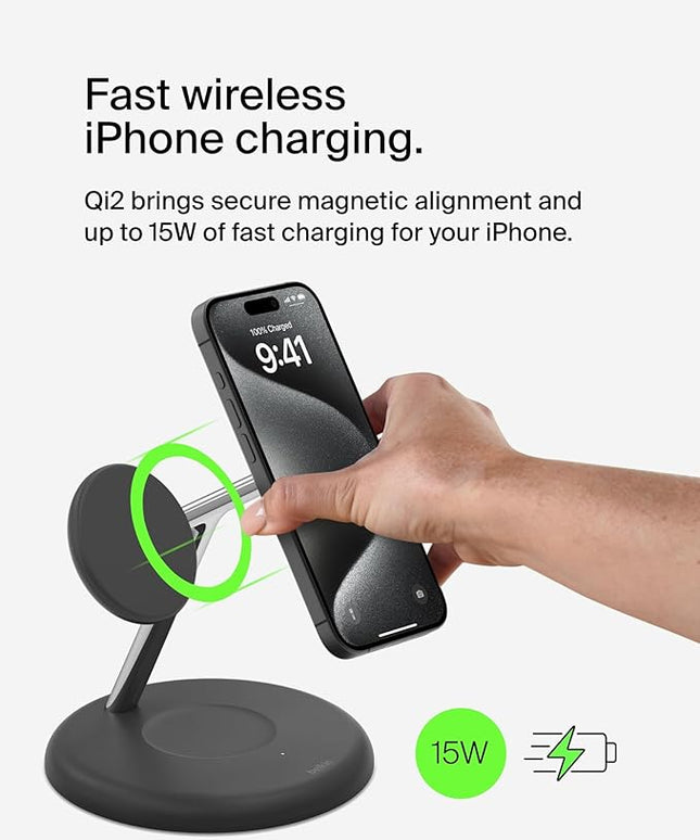 Belkin MagSafe-Compatible 3-in-1 Wireless Charger Stand 15W - Qi2-Certified Wireless Charging Station, Fast Charging of iPhone 16, AirPods, & Apple Watch - 36W Included - Black