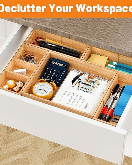 SpaceWhisper Bamboo Drawer Organizer, 10-Piece Drawer Divider with Removable Dividers for Organization and Storage, Multi-Use Stackable Storage Box & Utensil Holder for Kitchen, Office, Makeup & More