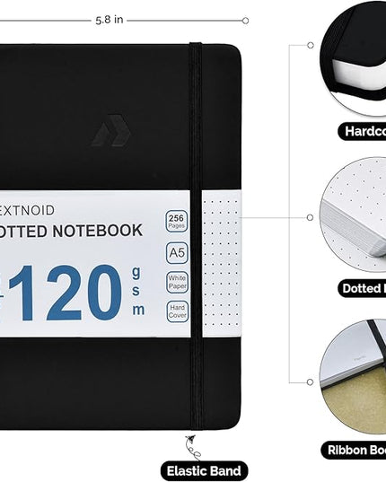 Nextnoid Hardcover Dotted Journal Notebook - 120 GSM Thick Paper, Medium A5-256 Pages - Perfect For Handwriting, Diagrams, Note-Taking and To-Do Lists (Dot, Black)