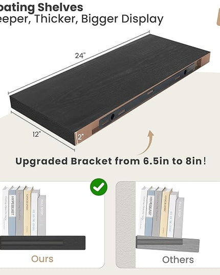 Heimlove 24 x 12 Inch Deep Floating Shelves Wall Mounted with Invisible Brackets,Storage Hanging Shelf for Wall Decor in Bathroom, Bedroom, Toilet, Kitchen, Living Room, Office Set of 2 (Black)