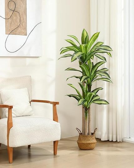 Ferrgoal Artificial Plants, 5 Ft Dracaena Tree Faux Plants Indoor Outdoor Decor Fake Tree with Woven Seagrass Basket Plants for Home Decor Office Living Room Porch Patio Housewarming