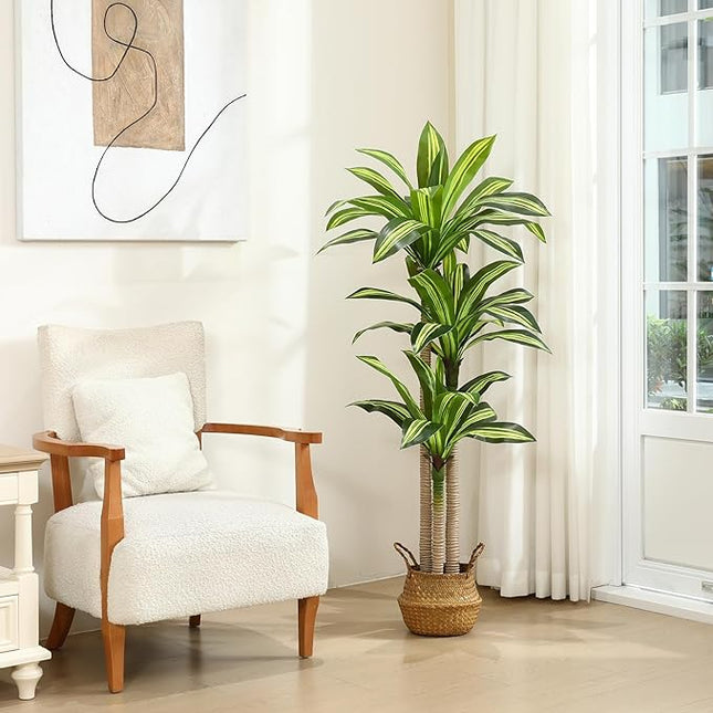 Ferrgoal Artificial Plants, 5 Ft Dracaena Tree Faux Plants Indoor Outdoor Decor Fake Tree with Woven Seagrass Basket Plants for Home Decor Office Living Room Porch Patio Housewarming