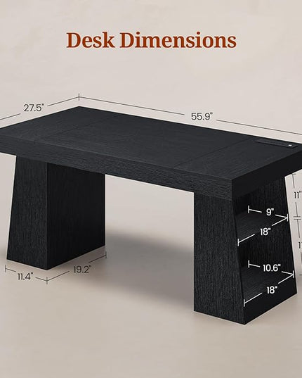 55.9 in Executive Desk with Power Outlets, Modern Home Office Desk with Storage Shelves, Wood Computer Desk Business Workstation Desk Conference Table, Black (Storage Shelves)