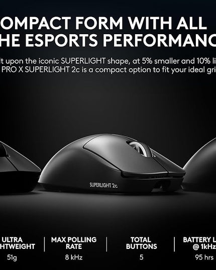 Logitech G PRO X Superlight 2c Wireless Gaming Mouse, 51 g pro-Grade Compact Mouse with 5 programmable Buttons, USB-C Charging, 44K DPI Sensor, up to 8 kHz Polling for PC/Mac - Black