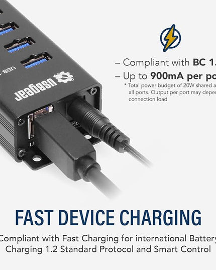 USBGear 10-Port USB 3.2 Gen 1 Mountable Charging and SuperSpeed Data Hub with 5V/4A Power Adapter and USB Type-A to Type-B Cable Up to 900mA per Port Charging Function Wall and Surface Mounting