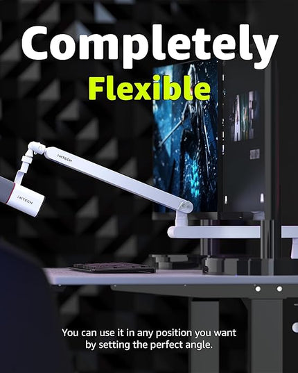 IXTECH White Microphone Boom Arm Stand Low Profile Boom Arm Adjustable Mic Stand with Built In Cable Management 360° Swivel Mic Arm.