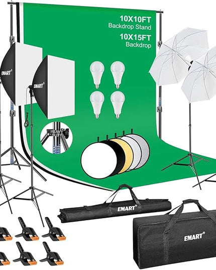 EMART 10 x 10 ft Heavy Duty Backdrop Support System, Professional Photography Lighting Kit with 5500K 50W LED, 10 * 15ft Backdrop *3, Reflector, Umbrellas&Softbox Lighting Kit for Studio, Portrait