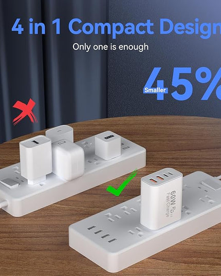 USB C Wall Fast Charger Block, 60W 4-Port Type C Charger Fast Charging Blocks +QC 3.0 USB C Multiport Charger Brick for Phone 16/15/14/13/12 Pro Max, Pad, Galaxy S24/23