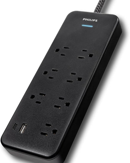 Philips 7-Outlet Surge Protector Power Strip with USB, 1 USB-A, 1 USB-C, 6 Ft Braided Extension Cord, Mutli Plug Outlet Extender, Adapter-Spaced, Charging Station, 15W, 1500 Joules, Black, SPP3703B/37