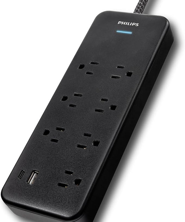 Philips 7-Outlet Surge Protector Power Strip with USB, 1 USB-A, 1 USB-C, 6 Ft Braided Extension Cord, Mutli Plug Outlet Extender, Adapter-Spaced, Charging Station, 15W, 1500 Joules, Black, SPP3703B/37