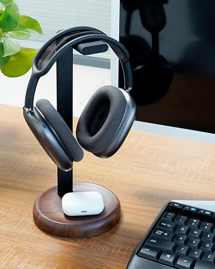 GEVO Headphone Stand for Desk - Walnut Wood & Aluminum Headset Stand, Universal Wooden Gaming Headphone Holder for AirPod Max, Bose, Sony, Razer, Jabra, JBL (Walnut Circular Base)