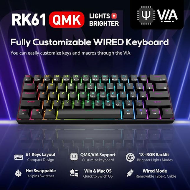 RK ROYAL KLUDGE RK61 Wired 60% Mechanical Gaming Keyboard Programmable QMK/VIA RGB Backlit 61 Keys Ultra-Compact Hot Swappable Red Switch Black