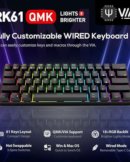 RK ROYAL KLUDGE RK61 Wired 60% Mechanical Gaming Keyboard Programmable QMK/VIA RGB Backlit 61 Keys Ultra-Compact Hot Swappable Blue Switch Black