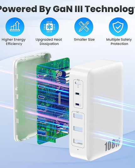 USB C Charger Block Charging Station,108W GaN III 6 Port 3xQC+3xPD Wall Charger Adapter Plug Cube,Super Fast Type C Charging Hub Box for iPhone 17 16 15 14 13 Pro Max iPad Samsung Pixel 5ft Cord-White
