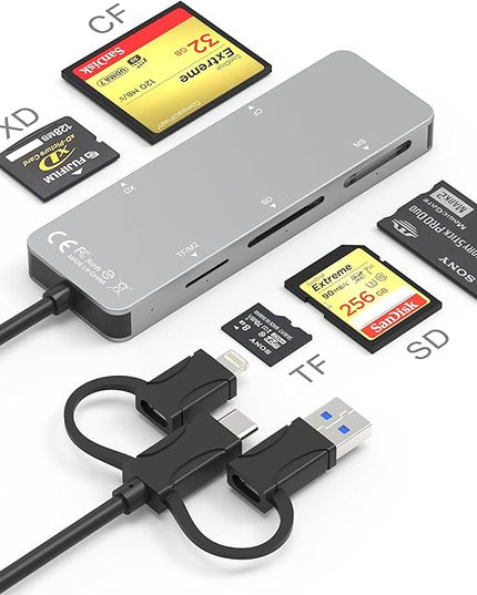 Multi Card Reader with Lightning+USB A+USB C, 6 in 1 SD/Micro SD/TF/M2/MS/CF/XD Picture Card Reader, Memory Stick pro Duo Adapter for iPhone, Multi SD Card Reader with 5 Gbps, Read Simultaneously